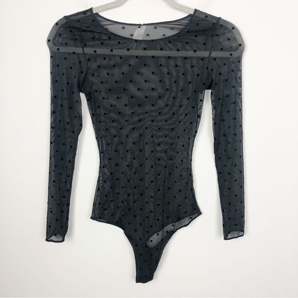 SPANX | Black Sheer Dot Print Long Sleeve Cheeky Bodysuit Women’s Size Small - Picture 4 of 9